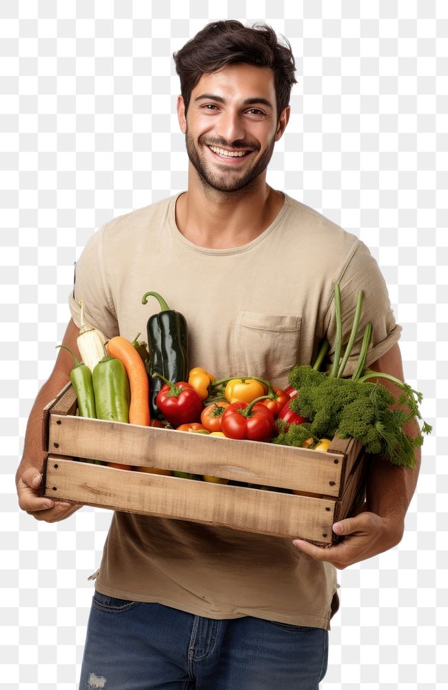 PNG Man holding vegetable wodden box basket adult plant.