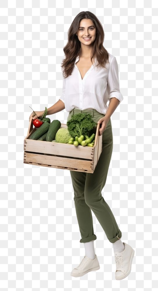 PNG Woman holding vegetable woodden box basket food white background. AI generated Image by rawpixel.