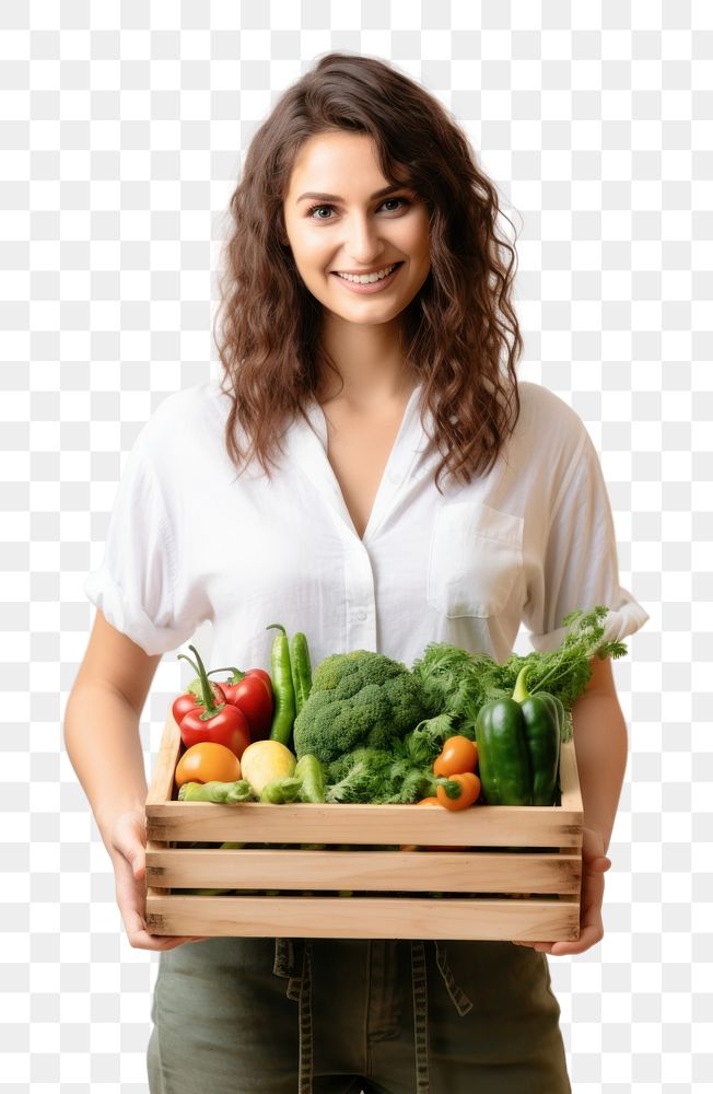 PNG Vegetable wodden box holding adult woman. 