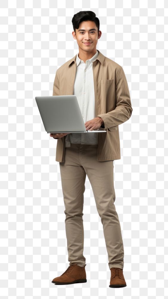 PNG  Asian man holding laptop standing computer adult. AI generated Image by rawpixel.