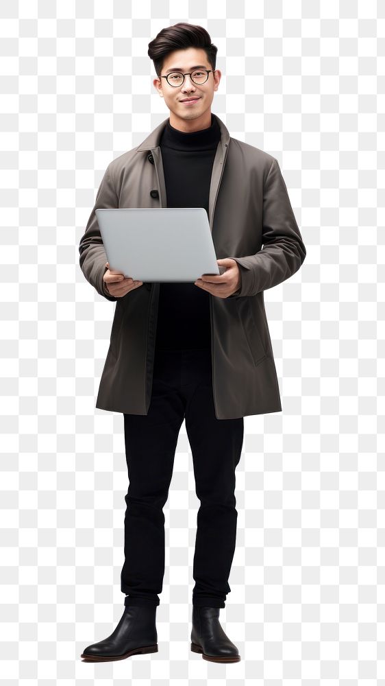 PNG  Asian man holding laptop computer overcoat standing. AI generated Image by rawpixel.