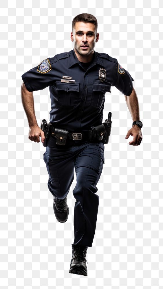 PNG  Policeman running adult white background protection. AI generated Image by rawpixel.