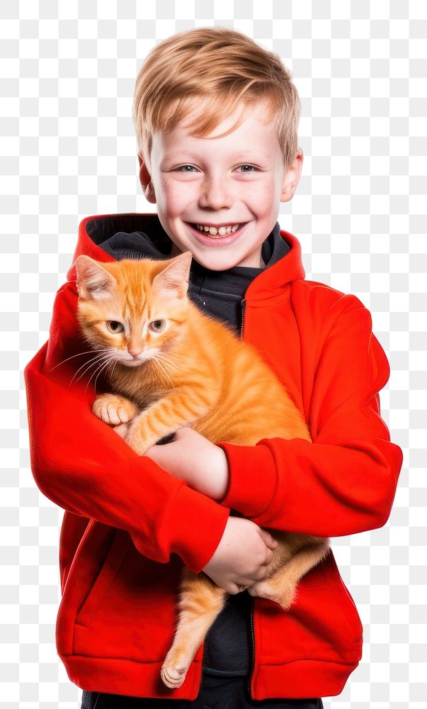 PNG Kid smiling holding orange cat portrait mammal animal. 