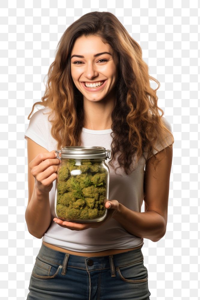 PNG Female holding marijuana jar adult tin. AI generated Image by rawpixel.