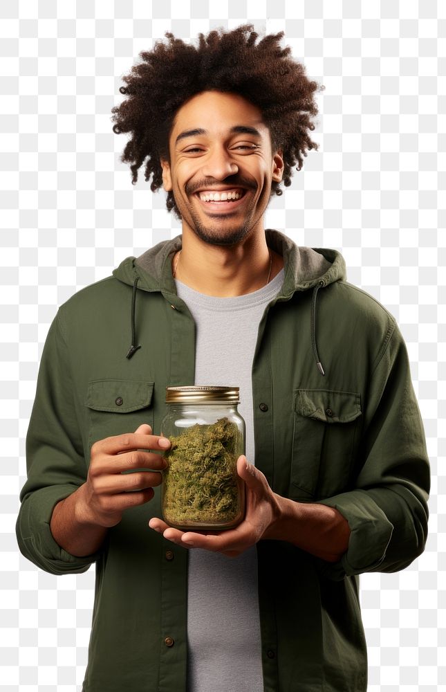 PNG  Male holding marijuana jar adult white background. AI generated Image by rawpixel.