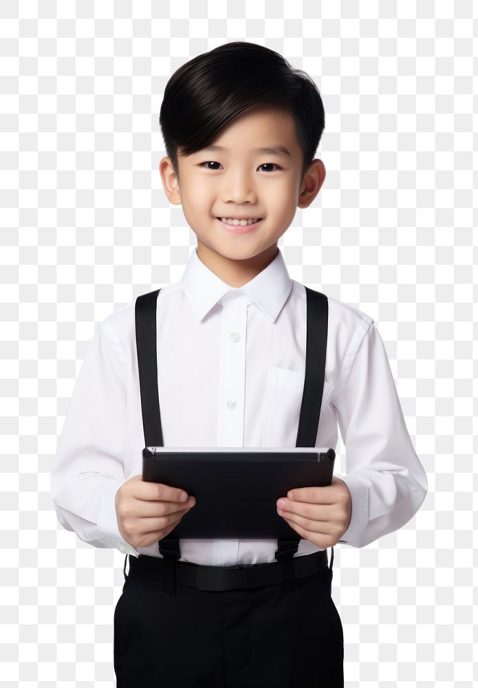 PNG Boy holding tablet cute white background accessories. AI generated Image by rawpixel.