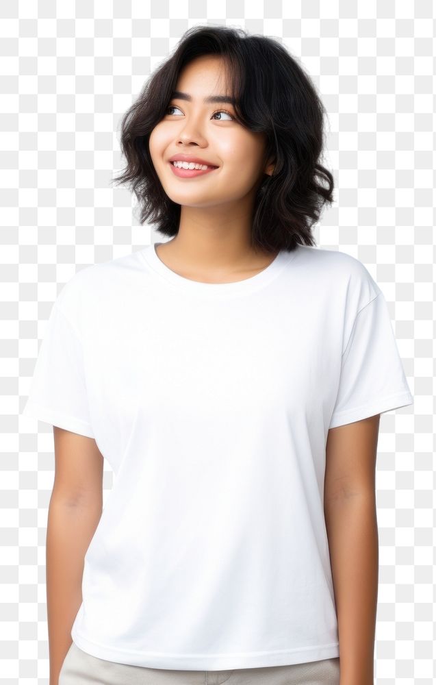 PNG White T shirt smile portrait t-shirt. 