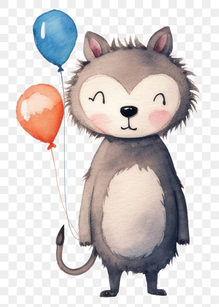 PNG Wolf holding balloons, watercolor illustration, transparent background