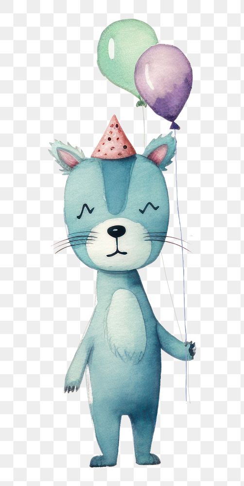 PNG Cat holding balloon, watercolor illustration, transparent background