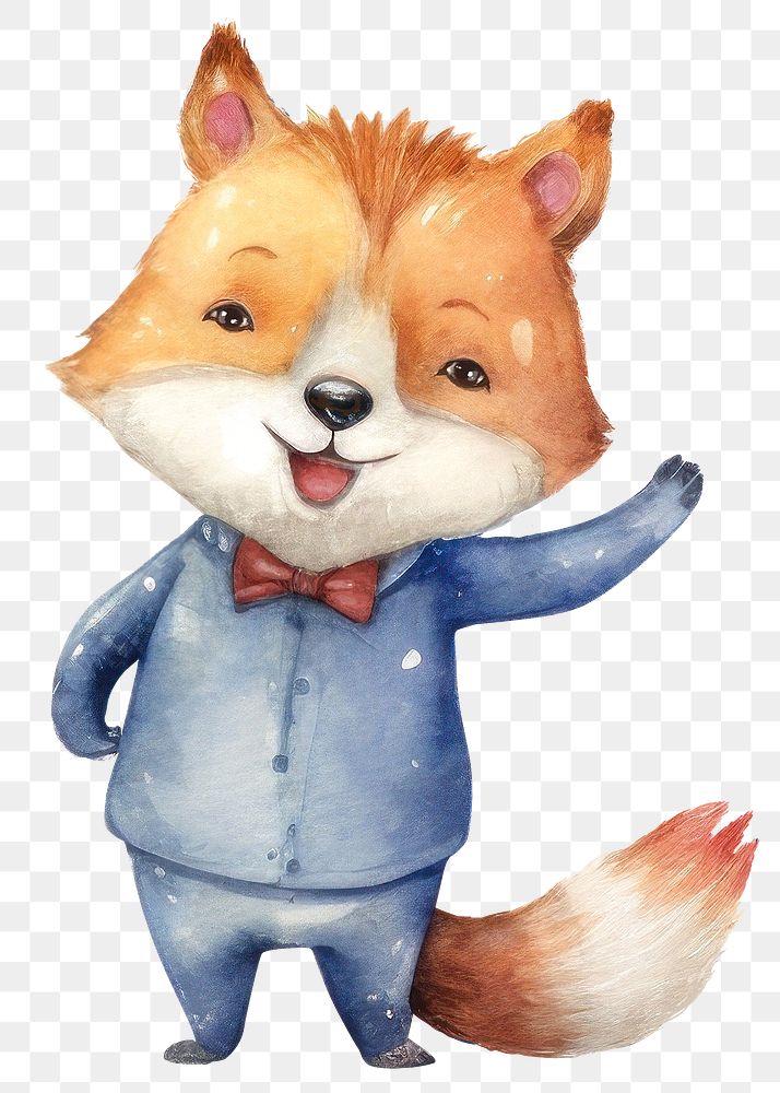 PNG Waiter fox cartoon, watercolor illustration, transparent background