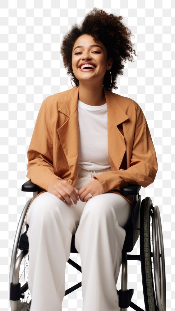 PNG A disabled woman wheelchair laughing smiling. AI generated Image by rawpixel.