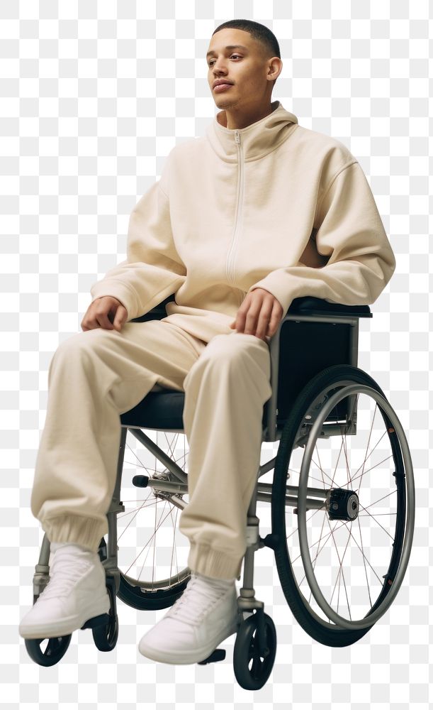PNG Wheelchair sweatshirt sitting adult. AI generated Image by rawpixel.