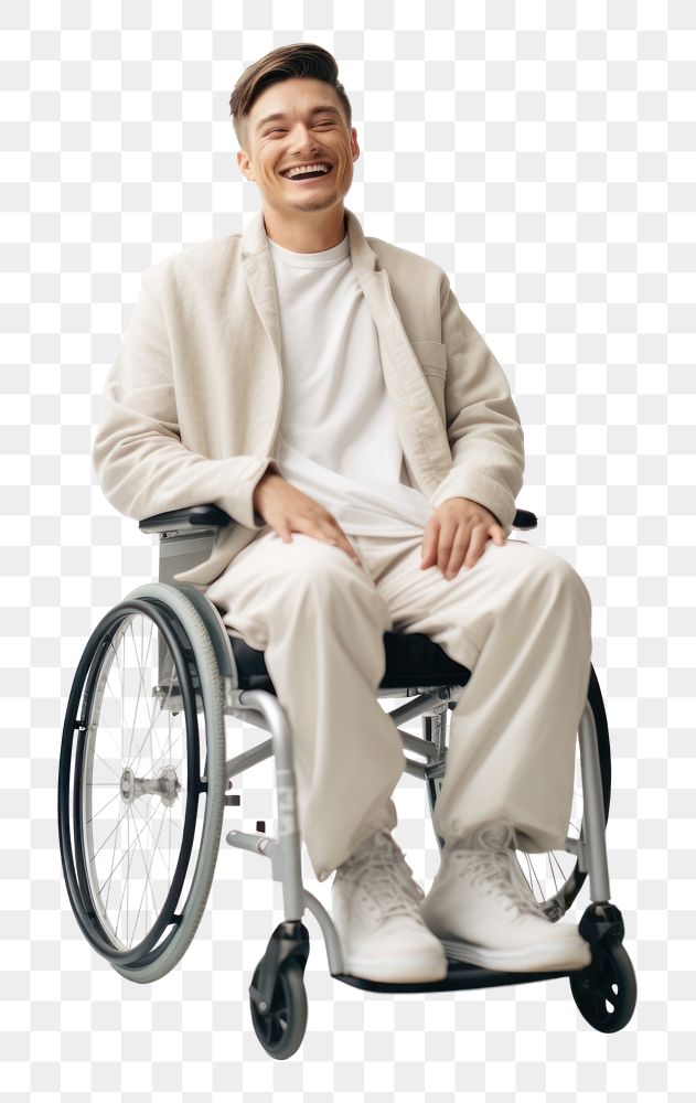 PNG A disabled man wheelchair smiling sitting. AI generated Image by rawpixel.