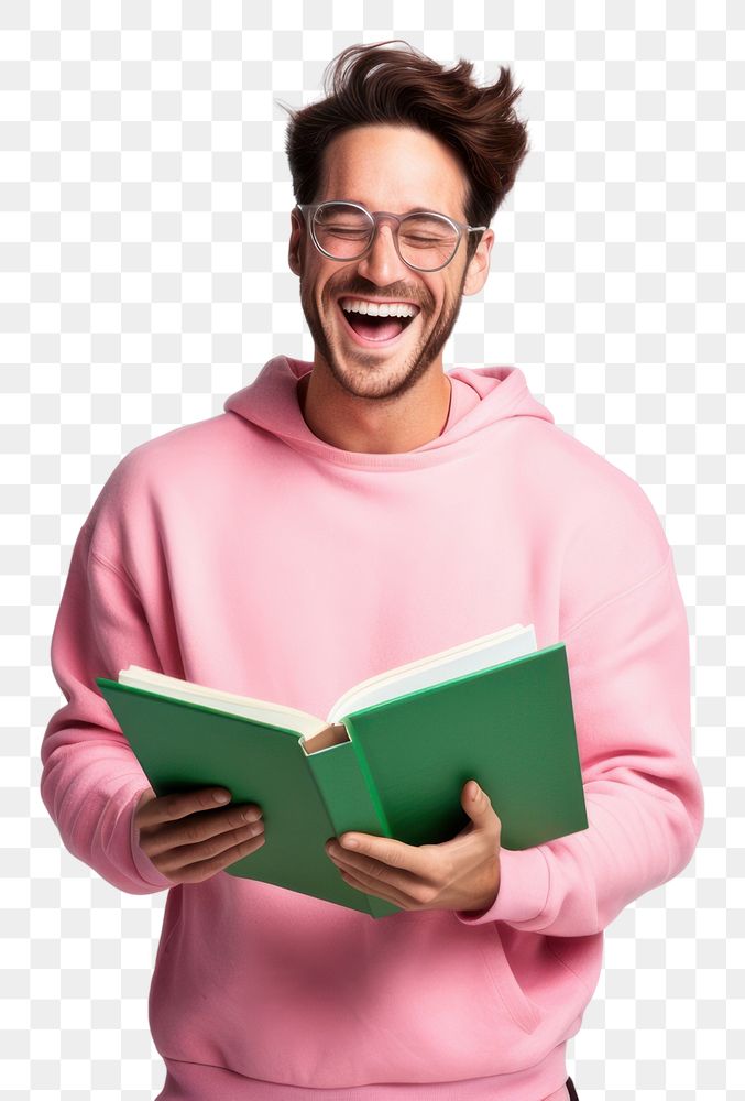 PNG Man hold textbook pink read beaming shiny smile enjoy wear spectacles green pullover laughing portrait reading. 