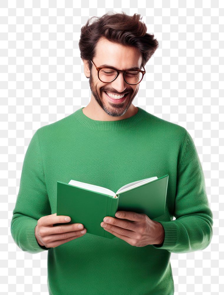 PNG Man hold pinkbook read beaming shiny smile enjoy wear spectacles green pullover portrait glasses sweater. AI generated…