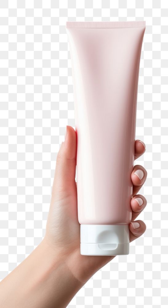 PNG Cosmetics bottle hand white background. AI generated Image by rawpixel.