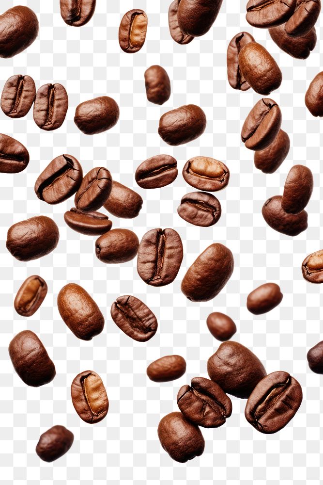 PNG Falling coffee beans, white background freshness.