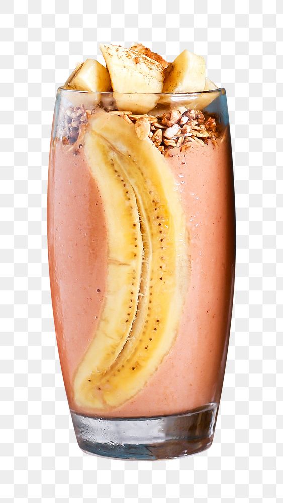 Png peach smoothie with banana sticker, transparent background