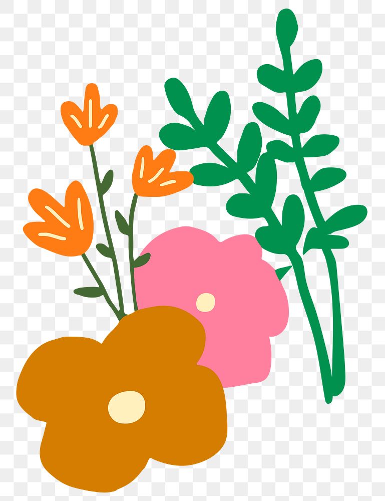 Png cute flowers doodle illustration, transparent background