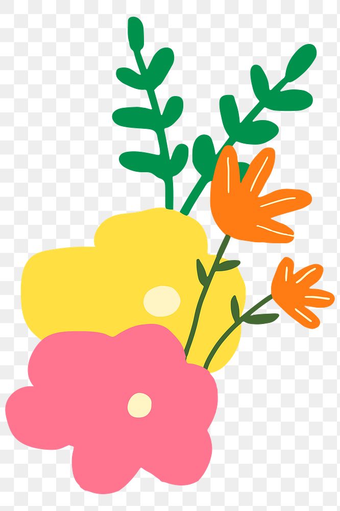 Png colorful flowers doodle illustration, transparent background