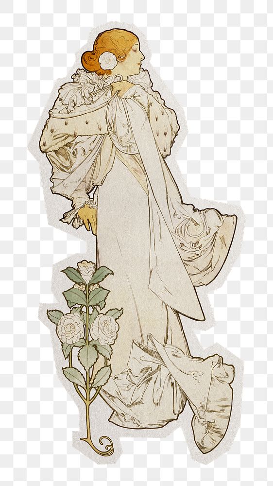 Alphonse Mucha's png La Dame Aux Cam&eacute;lias sticker, transparent background, remixed by rawpixel.