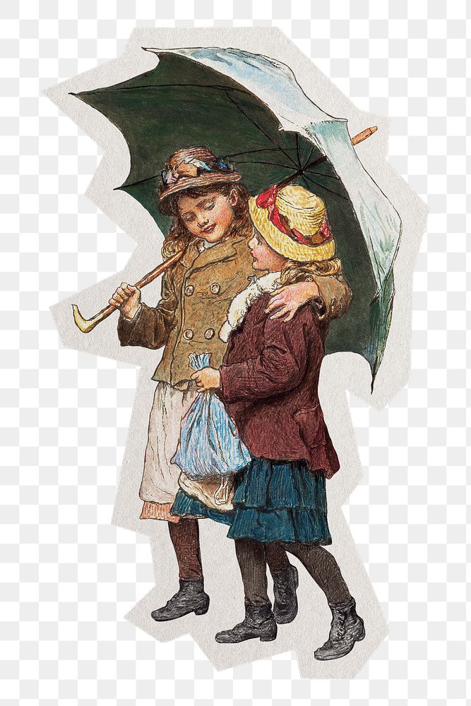 Two Girls Under Umbrella png sticker, illustration by Robert Barnes on transparent background, remixed by rawpixel.