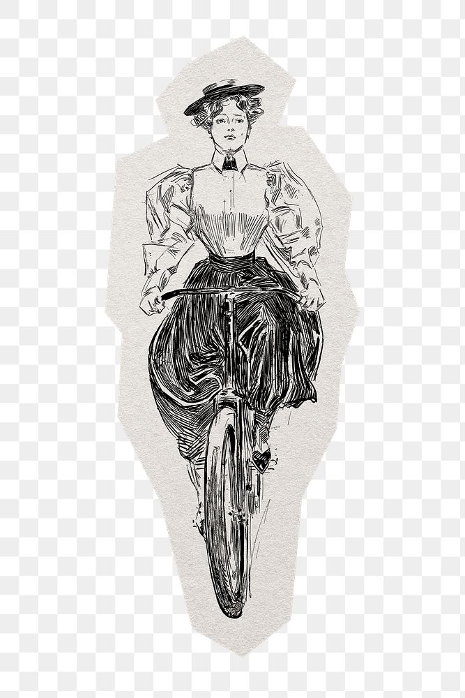 Vintage biking woman png sticker, paper cut on transparent background