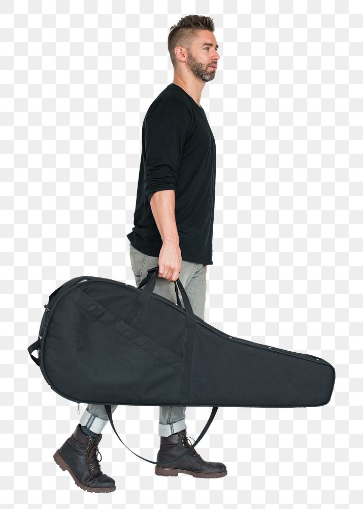 Man carrying guitar case png, transparent background