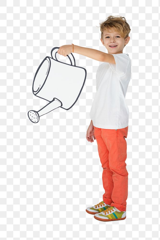 Png boy holding watering can sticker, transparent background