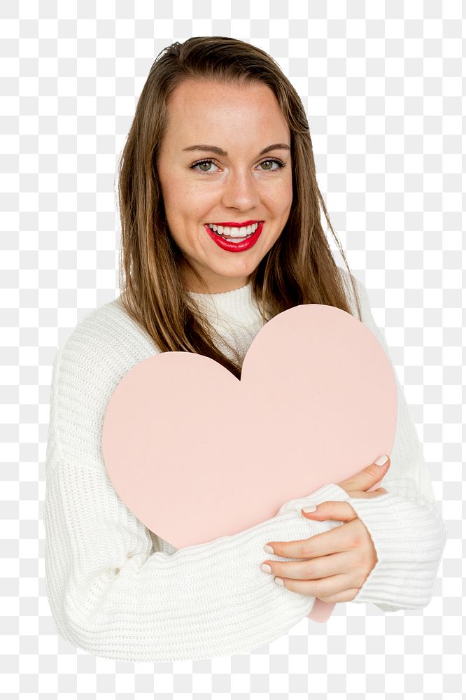 Woman holding heart png, transparent background
