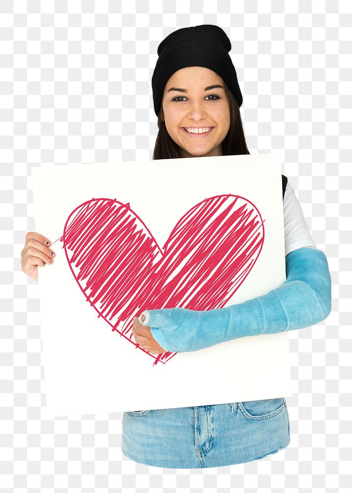 Girl png holding heart board sticker, transparent background