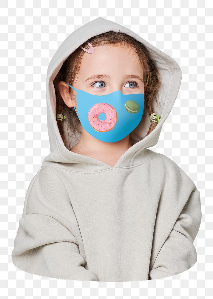 Png kid with cute face mask sticker, transparent background