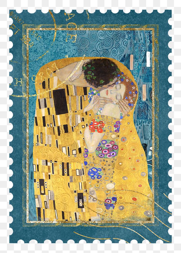 Postage stamp png Gustav Klimt's The Kiss sticker, transparent background, remixed by rawpixel