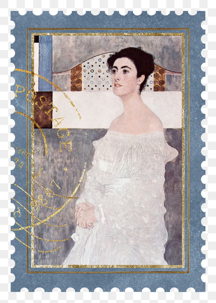 Postage stamp png Gustav Klimt's Portrait of Margaret Stonborough-Wittgenstein artwork sticker, transparent background…