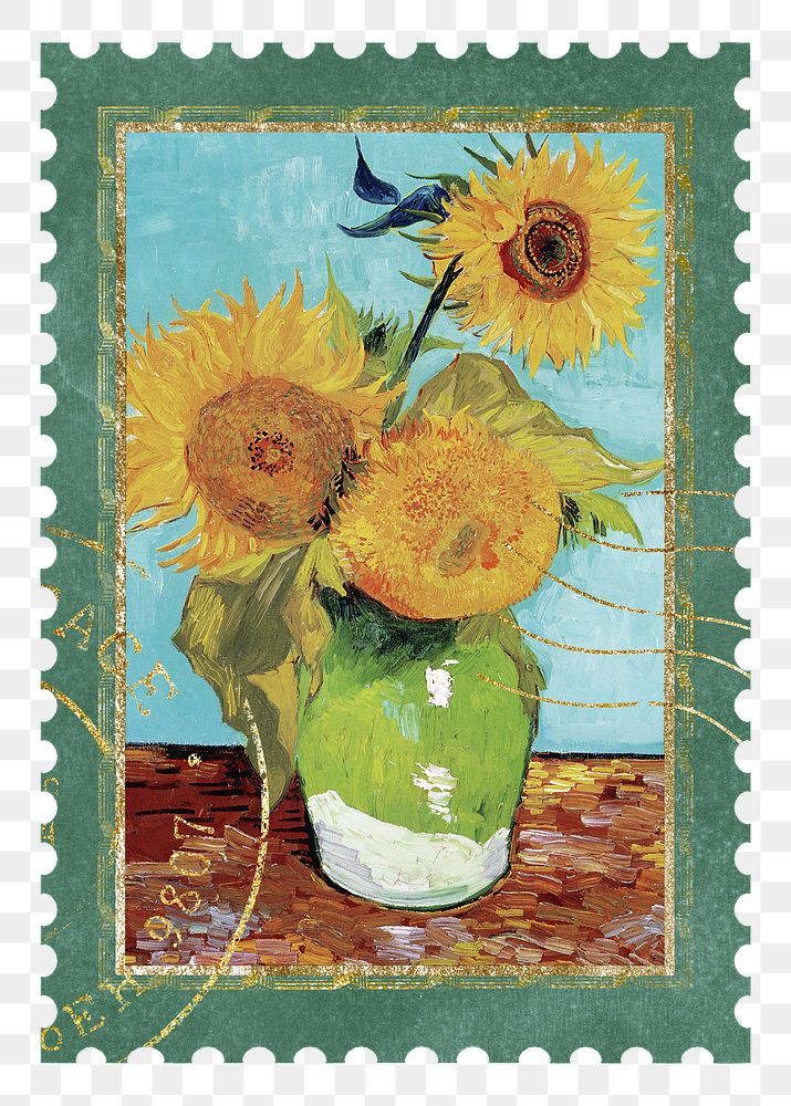 Van Gogh's stamp png Vase with Three Sunflowers sticker, transparent background, remixed by rawpixel