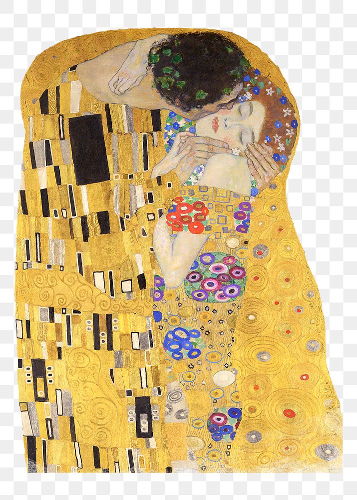 The Kiss png Gustav Klimt's famous painting sticker, transparent background, remixed by rawpixel