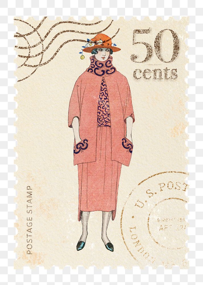 Vintage stamp png, flapper jazz fashion illustration, transparent background , remixed by rawpixel