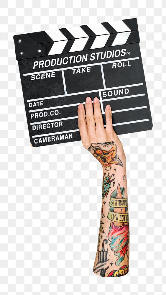 Png clapperboard in tattooed hand sticker, transparent background