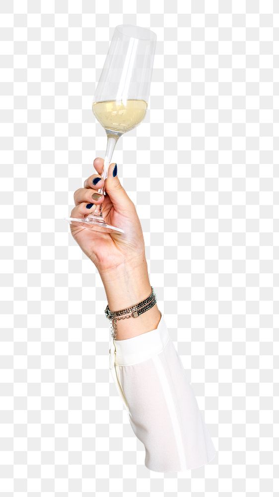 Png champagne glass in hand sticker, transparent background