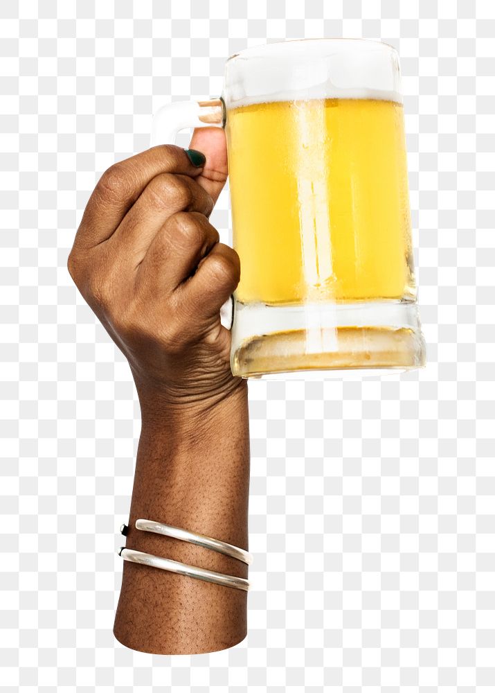 Png beer glass in hand sticker, transparent background