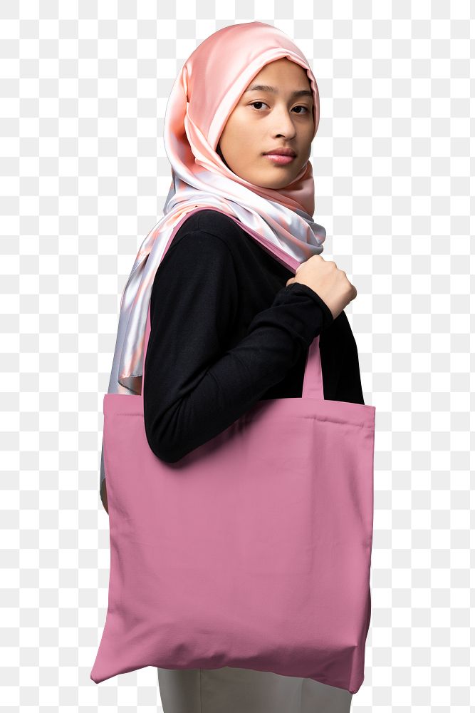 Muslim woman png carrying a tote bag sticker, transparent background