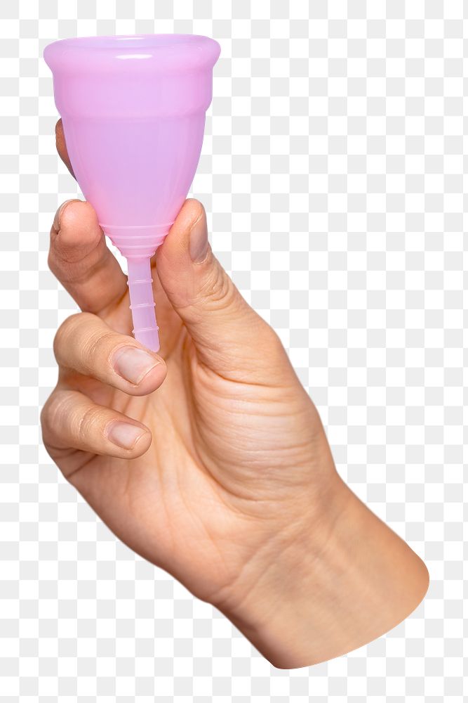 Png pink menstrual cup in hand sticker, transparent background