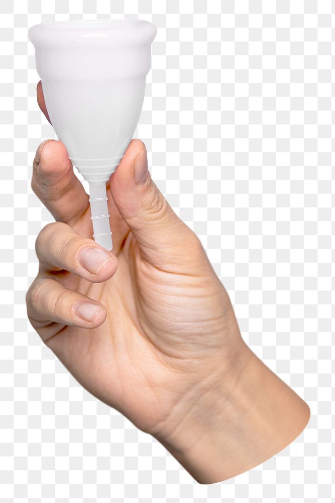 Png white menstrual cup in hand sticker, transparent background