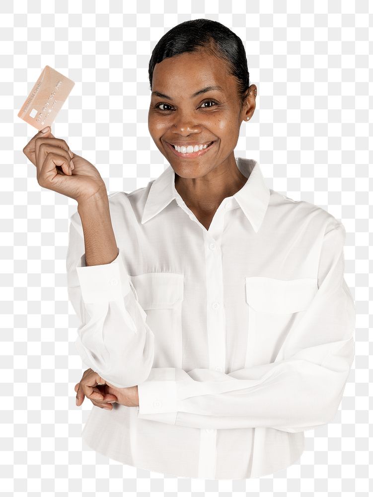 Png black woman with credit card sticker, transparent background