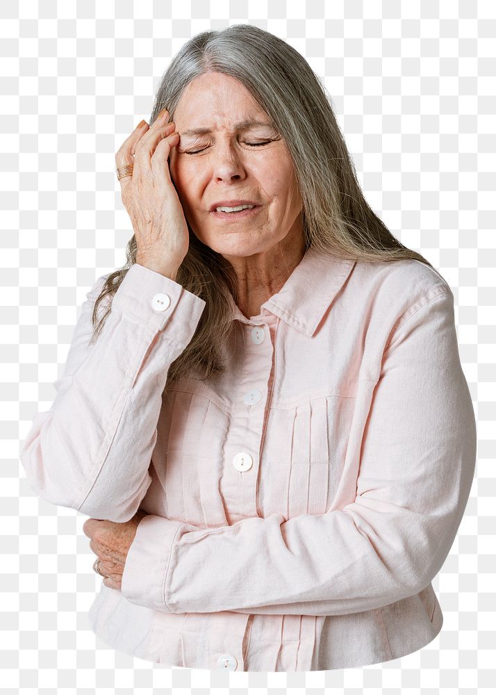 Png senior woman having headache sticker, transparent background