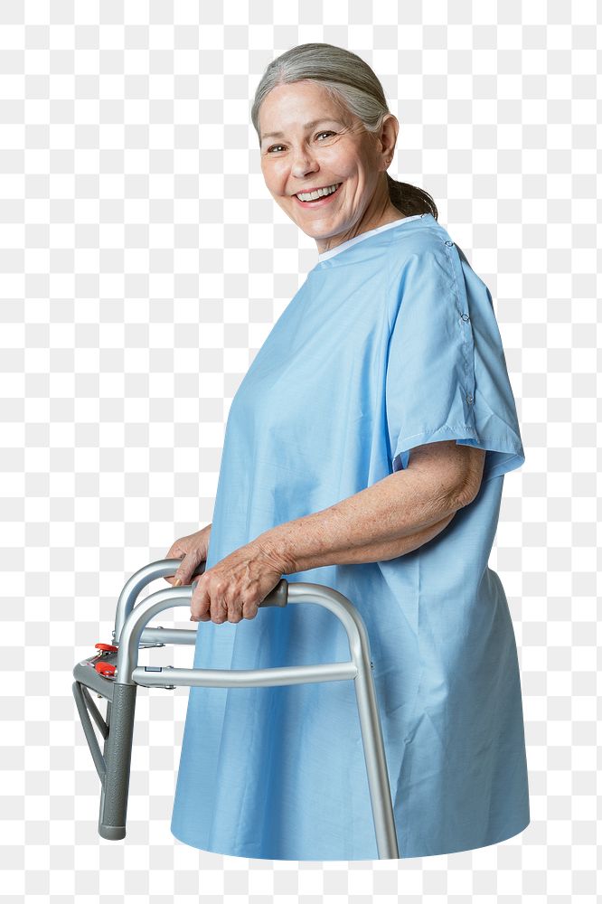 Png senior patient using walking frame sticker, transparent background