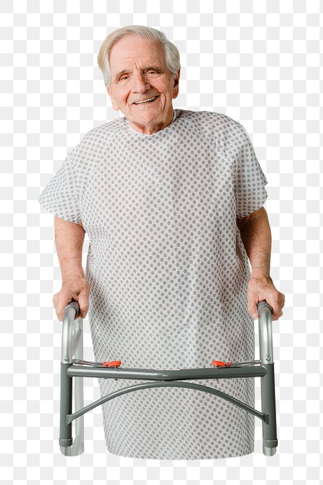 Png old patient using walking frame sticker, transparent background