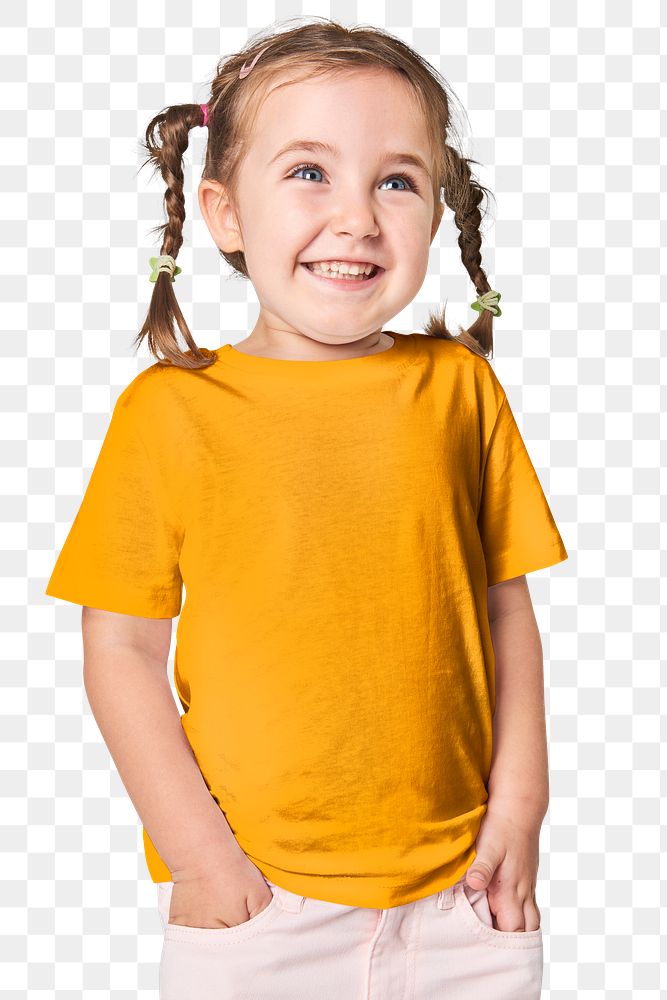 Png happy kid in yellow tee sticker, transparent background