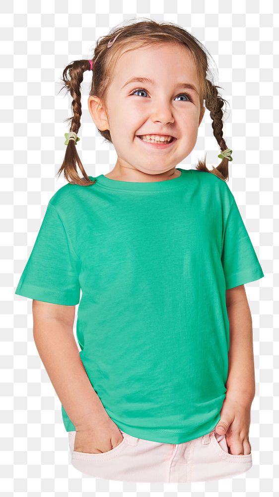 Png happy girl in green shirt sticker, transparent background