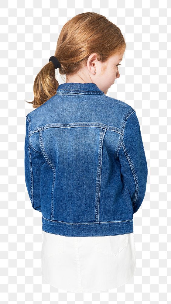 Png girl in denim jacket back view sticker, transparent background